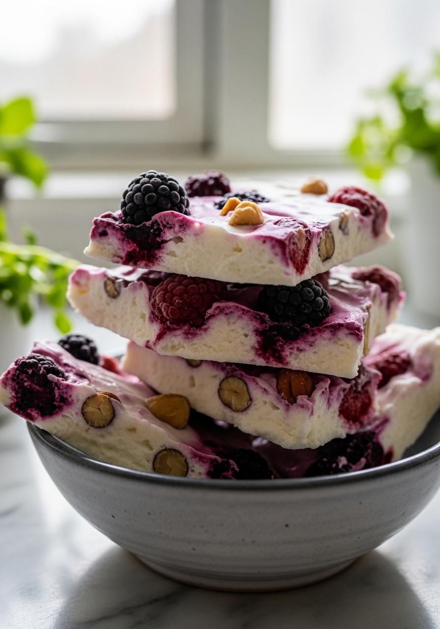 A 3:4 close-up detail shot of several irregular, mouth-watering pieces of frozen Greek Yogurt Bark, stacked slightly on a small ceramic bowl. The shot emphasizes the creamy texture of the yogurt and the jewel-toned berries and crunchy nuts embedded within, with soft shadows. The bowl is on the marble countertop, bathed in natural morning light from the east window, with fresh herbs in the background, conveying homemade goodness. No hands or people are visible.