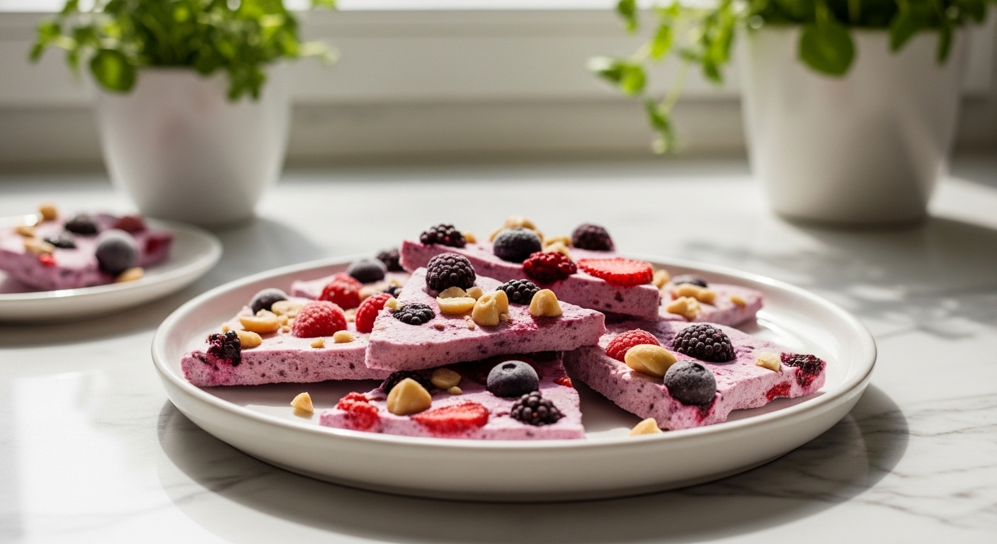 A beautifully composed 16:9 hero shot of irregular pieces of vibrant frozen Greek Yogurt Bark on a minimalist white plate, featuring mixed berries and chopped nuts. The scene is set on a marble countertop with soft natural morning light from an east window, and fresh herbs are subtly visible in the background. The presentation is clean, tidy, with warm tones and soft shadows, evoking a delicious and inviting homemade feel, without any hands or people.
