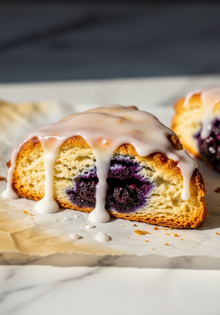 An insanely yummy, super close-up detail shot of the flaky, golden-brown interior and exterior of a single Greek Yogurt Blueberry Scone wedge. The thick, white lemon glaze is still glistening, with delicious drips running down the sides, revealing tender, juicy blueberries. This scone is positioned on parchment paper, capturing its rustic texture and warmth, with soft shadows from natural light on a marble countertop in the background.