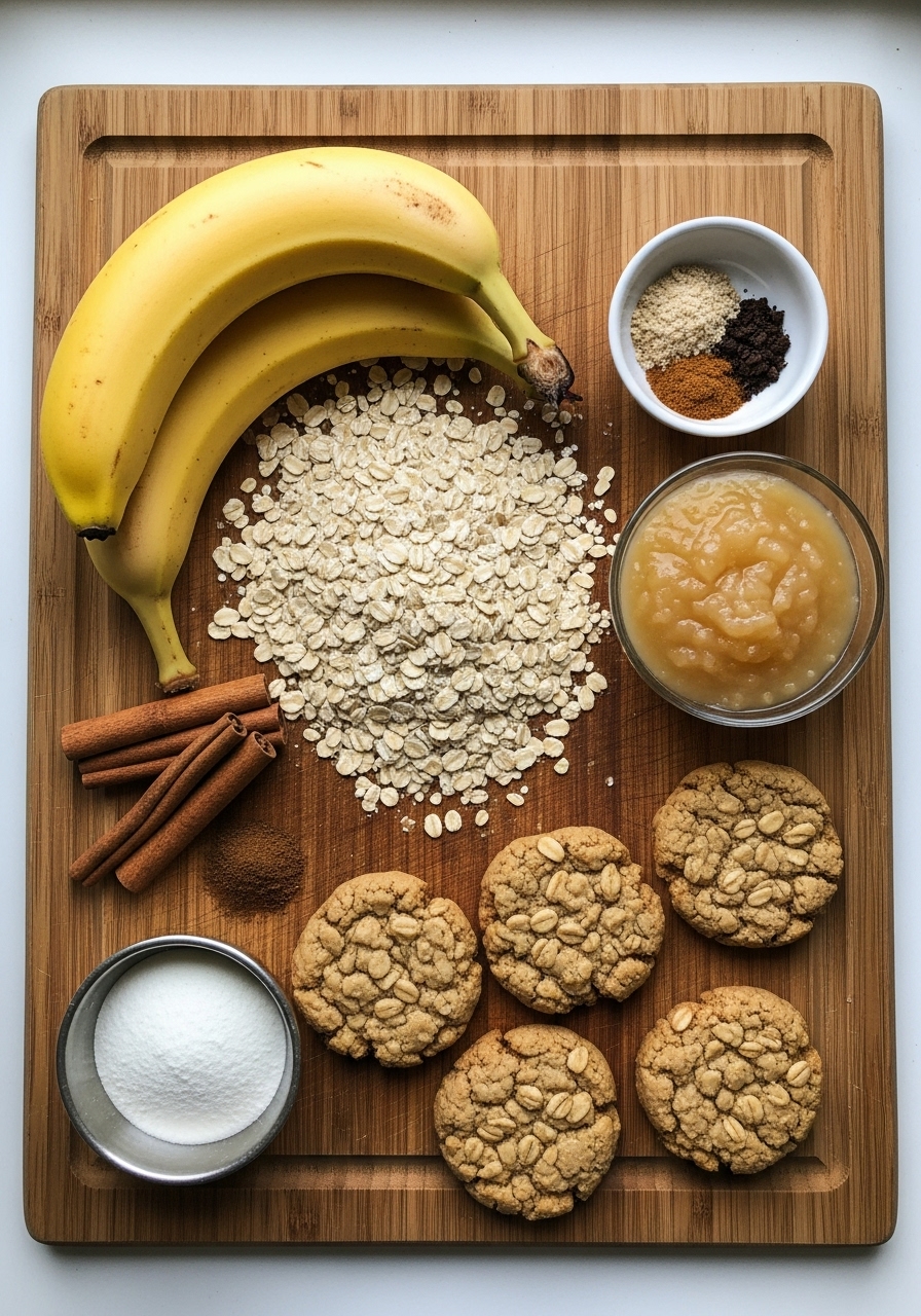 A vibrant overhead shot of all the key ingredients for healthy oat cookies laid out neatly on the same wooden cutting board. Ripe bananas, rolled oats, applesauce, and spices are artfully arranged, bathed in natural morning light from an east window. Soft shadows enhance the warm tones. No hands.