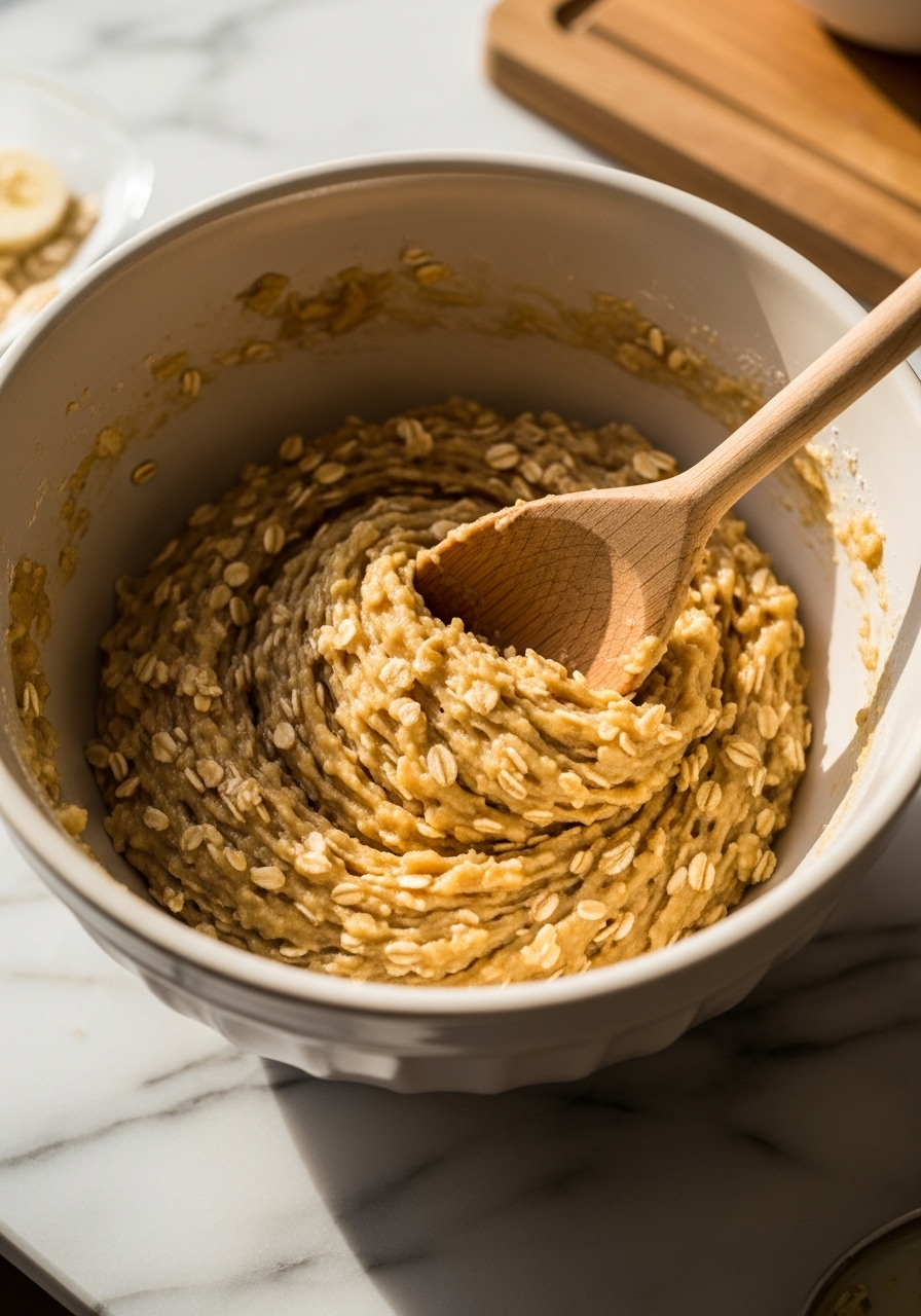 A close-up action shot of a wooden spoon gently mixing the batter for healthy oat cookies in a ceramic bowl, showcasing the rich texture of the oats and mashed banana. The bowl rests on marble countertops with a hint of the wooden cutting board. Natural morning light creates warm tones. No hands.
