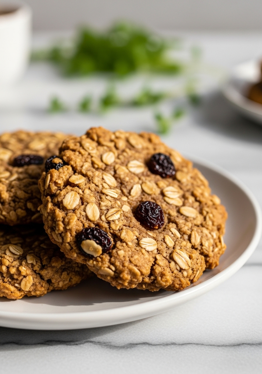 A tight, appetizing close-up detail shot of a freshly baked healthy oat cookie, highlighting its chewy texture and visible oats and raisins. It sits on a minimalist white plate, with a subtle blur of fresh herbs in the background on marble countertops. Natural morning light creates inviting warm tones. No hands.