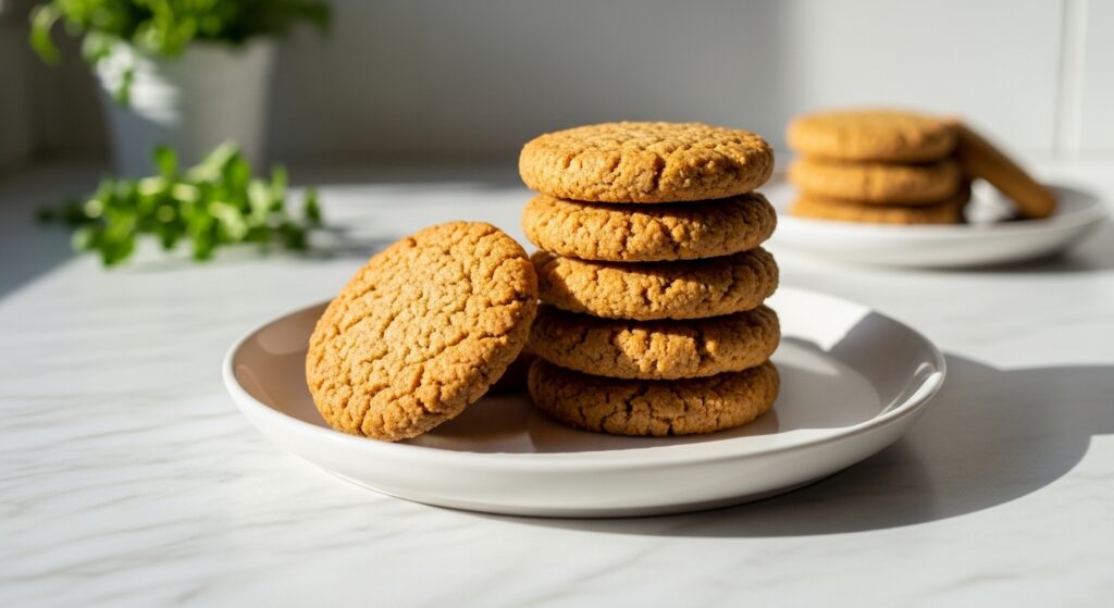 A beautifully composed hero shot of a small stack of golden-brown healthy oat cookies, warm and inviting, arranged on a minimalist white plate on marble countertops. Natural morning light casts soft shadows. Fresh herbs are visible in the soft-focus background, consistent with the brand's visual identity. No hands.