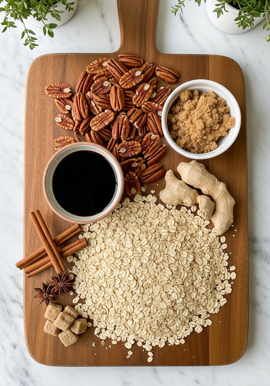 A beautifully arranged overhead shot of key ingredients for Holiday Gingerbread Granola: rolled oats, whole pecans, a small bowl of dark molasses, a small bowl of brown sugar, and individual spices (cinnamon sticks, dried ginger pieces) artfully laid out on the same wooden cutting board on a marble countertop, bathed in natural morning light. Fresh herbs are visible in the background. No hands are visible.