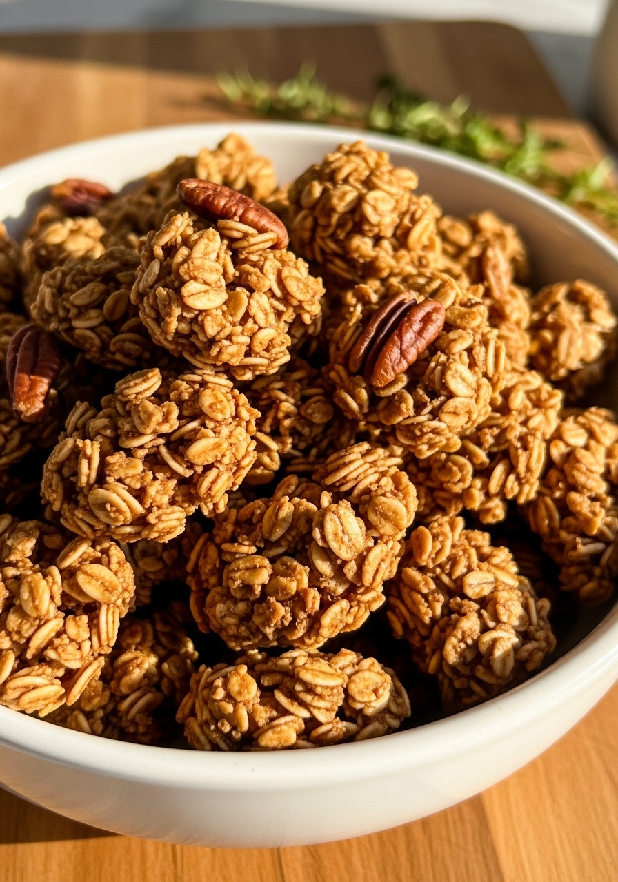 A very close-up, appetizing detail shot of the golden-brown, crunchy Holiday Gingerbread Granola clusters, showcasing the texture of the oats and pecans and the slightly caramelized sheen. The granola is piled generously in a minimalist white ceramic bowl, resting on the same wooden cutting board, with natural morning light creating warm tones. A hint of fresh herbs in the soft background. No hands are visible.