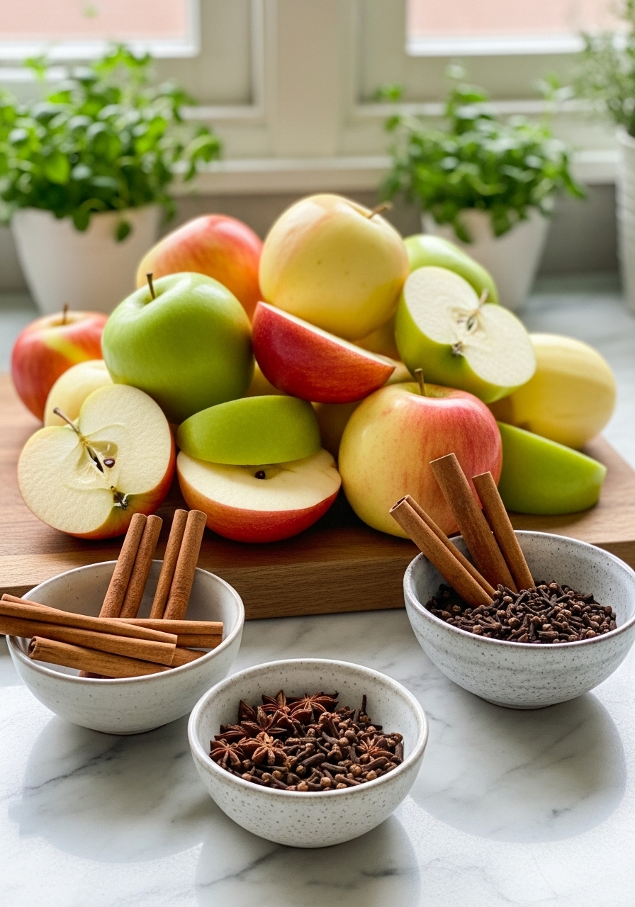 A 3:4 shot of key ingredients for homemade apple butter: unpeeled and sliced assorted apples (Fuji, Gala, Granny Smith) mounded on the wooden cutting board, several whole cinnamon sticks, star anise, and whole cloves in small ceramic bowls, all arranged on marble countertops. Natural morning light from the east window illuminates the scene, with fresh herbs subtly in the background and a clean, warm-toned aesthetic.