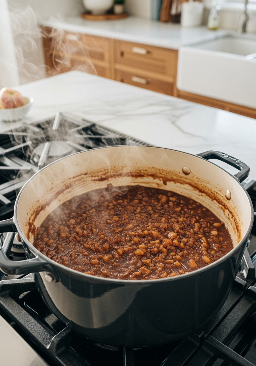 A 3:4 action shot depicting a large, heavy-bottomed pot filled with apples and cider simmering gently on a stovetop, with a hint of steam rising. The apple mixture is just starting to break down into a thick, chunky consistency, showing the rich, dark brown color. The clean, tidy kitchen with marble countertops, natural morning light, and subtle wood accents is visible in the background, without any visible hands.