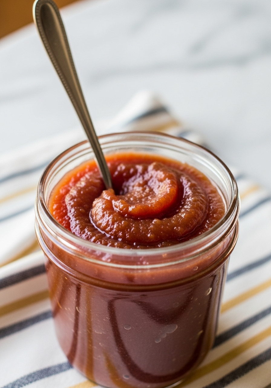 A 3:4 close-up detail shot of the final, mouth-watering homemade apple butter inside a glass jar, emphasizing its incredibly smooth yet slightly textured, deep reddish-brown appearance. A silver spoon is nestled within the butter, reflecting the natural morning light. The striped kitchen towel is softly blurred underneath, with the clean marble countertop and warm tones in the background, showcasing the deliciously appealing product.