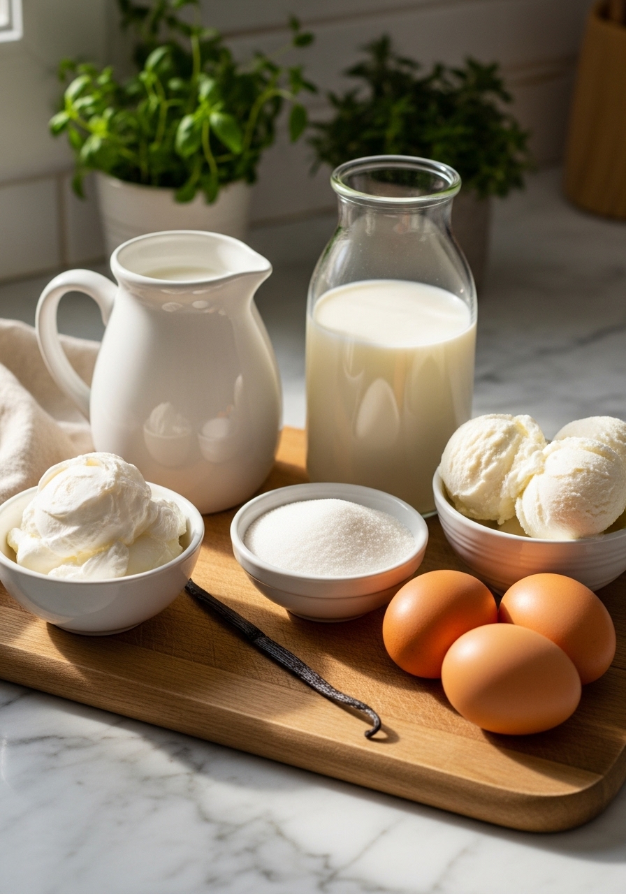 A 3:4 shot of the key ingredients for homemade ice cream – heavy cream, whole milk, granulated sugar, vanilla bean, and fresh eggs – artfully arranged on the same wooden cutting board against the marble countertops. Soft natural morning light illuminates the scene, with fresh herbs visible in the background, creating a clean and tidy setup with warm tones. No hands or people.