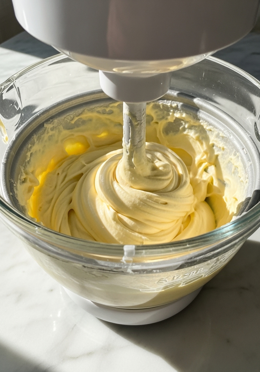 A 3:4 action shot of a clear glass ice cream maker bowl actively churning the custard base, showing the creamy, pale yellow mixture thickening into homemade ice cream. Natural morning light casts soft shadows on the marble countertops. The scene is clean and tidy, with a sense of delicious anticipation. No hands or people.