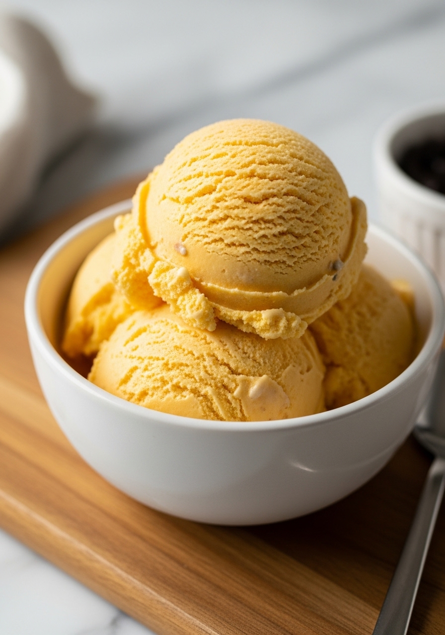 A 3:4 close-up detail shot of a scoop of golden, mouth-watering homemade ice cream, revealing its incredibly creamy texture and small, enticing flecks of vanilla bean. It is served in a minimalist white ceramic bowl, sitting on the wooden cutting board on marble countertops. Soft natural morning light highlights the warm tones and clean presentation. No hands or people.