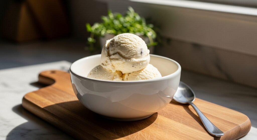 A beautifully composed, delicious 16:9 hero shot of a creamy homemade ice cream in a minimalist white ceramic bowl, with a perfect scoop sitting atop, subtly showing a few vanilla bean flecks. It is placed on the same wooden cutting board, resting on marble countertops, bathed in soft natural morning light from an east window. Fresh herbs are visible in the warm-toned background, with gentle shadows and a clean, tidy presentation. No hands or people.