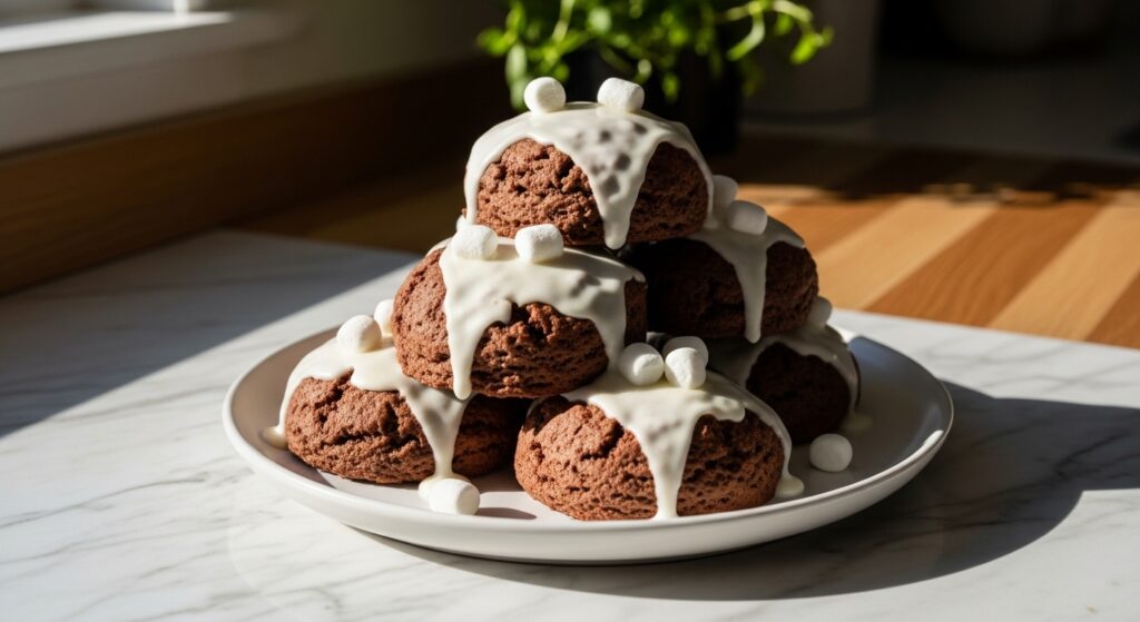 A beautifully plated stack of freshly baked hot chocolate scones, generously drizzled with white marshmallow glaze and a few mini marshmallows, on a minimalist white plate. The scene is set on marble countertops with warm wood accents, bathed in natural morning light from an east window. Soft shadows are visible, and fresh herbs are subtly blurred in the background, creating a clean, tidy, and deliciously appealing presentation. No hands.
