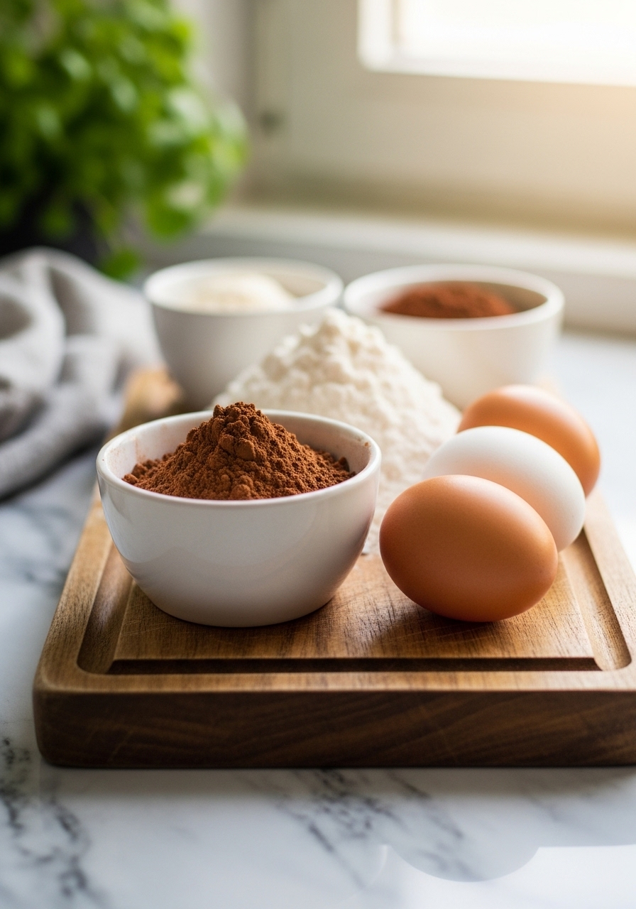 A 3:4 close-up of key chocolate cake ingredients neatly arranged on the same wooden cutting board on marble countertops. Unsweetened cocoa powder is in a small ceramic bowl, flour is piled next to it, and eggs are carefully placed, all bathed in natural morning light. Fresh herbs are slightly visible in the soft-focused background, emphasizing a clean and tidy presentation with warm tones.