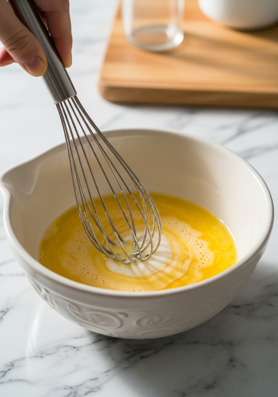 A 3:4 action shot illustrating the crucial step of whisking wet ingredients (buttermilk, oil, eggs, vanilla) in a ceramic bowl, positioned on the marble countertops. A wire whisk is mid-motion, creating a subtle swirl. The setting is clean and tidy, illuminated by natural morning light, with the wooden cutting board visible. The focus is on the delicious process, capturing authentic kitchen activity.