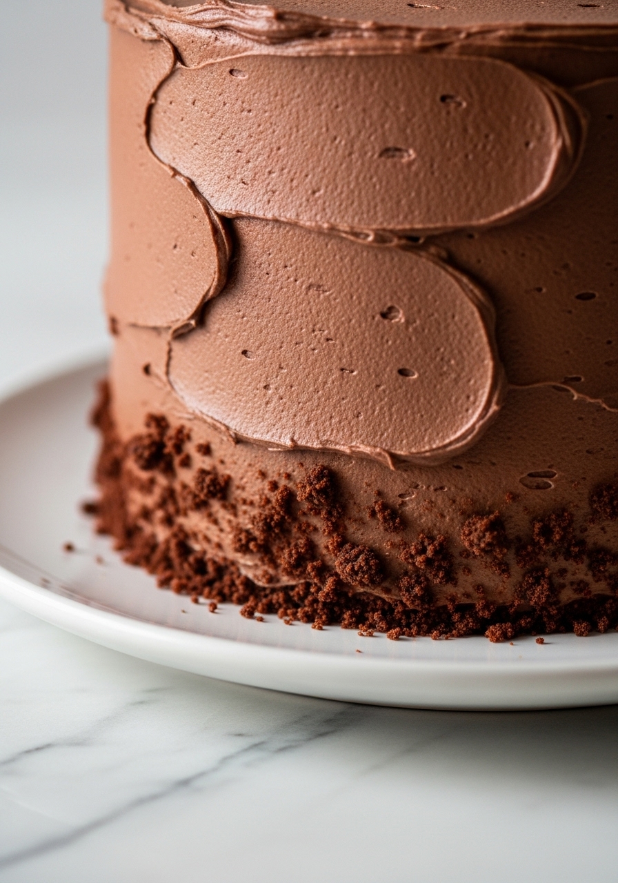 A 3:4 close-up detail shot of the final, gorgeously frosted chocolate cake. The shot focuses on the rich, creamy texture of the chocolate buttercream, with a few artful crumbs around the base. The cake is on a minimalist white plate, resting on the marble countertops, showcasing the deep brown color of the chocolate. Natural morning light highlights the textures, creating an insanely yummy and appealing image, with soft shadows and warm tones.