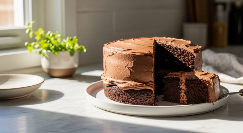 A mouth-watering 16:9 hero shot of a beautifully frosted, two-layer chocolate cake, impeccably presented on a minimalist white plate, positioned on marble countertops. Natural morning light streams from the east window, creating soft shadows. Fresh herbs are visible in a small ceramic bowl in the background, adding a touch of vibrant green to the warm tones. The cake is perfectly sliced, revealing its moist, dark crumb, with a tempting bite taken from one slice. The scene is clean and tidy, embodying genuine love for the process.