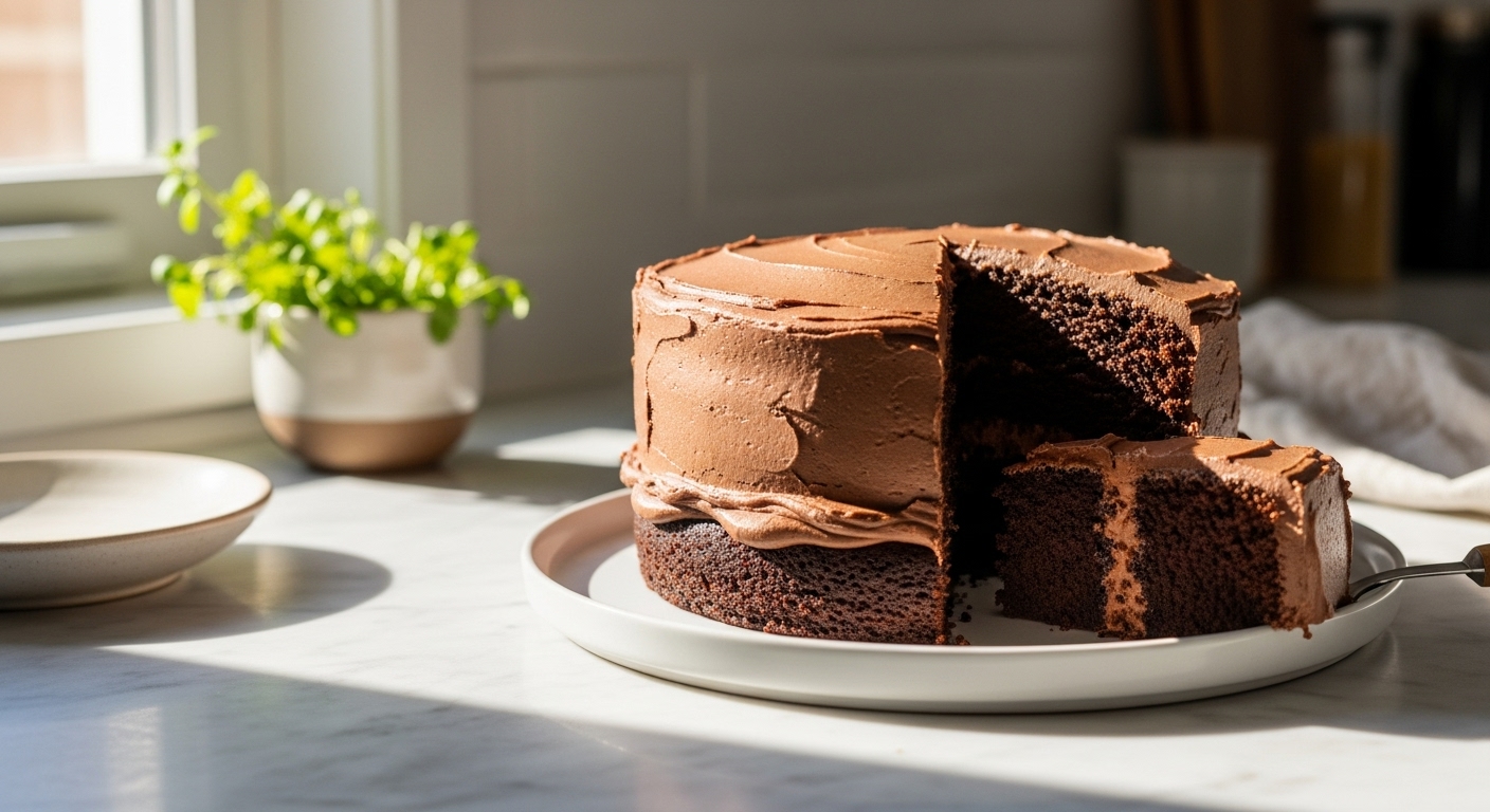 A mouth-watering 16:9 hero shot of a beautifully frosted, two-layer chocolate cake, impeccably presented on a minimalist white plate, positioned on marble countertops. Natural morning light streams from the east window, creating soft shadows. Fresh herbs are visible in a small ceramic bowl in the background, adding a touch of vibrant green to the warm tones. The cake is perfectly sliced, revealing its moist, dark crumb, with a tempting bite taken from one slice. The scene is clean and tidy, embodying genuine love for the process.