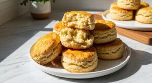 A beautifully plated stack of golden brown, mouth-watering homemade scones, some split open with visible flaky layers, on a minimalist white plate, set on marble countertops with wood accents. Natural morning light streams in from an east window, casting soft shadows. Fresh herbs are visible in a small ceramic bowl in the background. The presentation is clean and tidy with warm tones.
