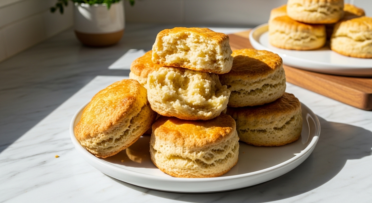 A beautifully plated stack of golden brown, mouth-watering homemade scones, some split open with visible flaky layers, on a minimalist white plate, set on marble countertops with wood accents. Natural morning light streams in from an east window, casting soft shadows. Fresh herbs are visible in a small ceramic bowl in the background. The presentation is clean and tidy with warm tones.