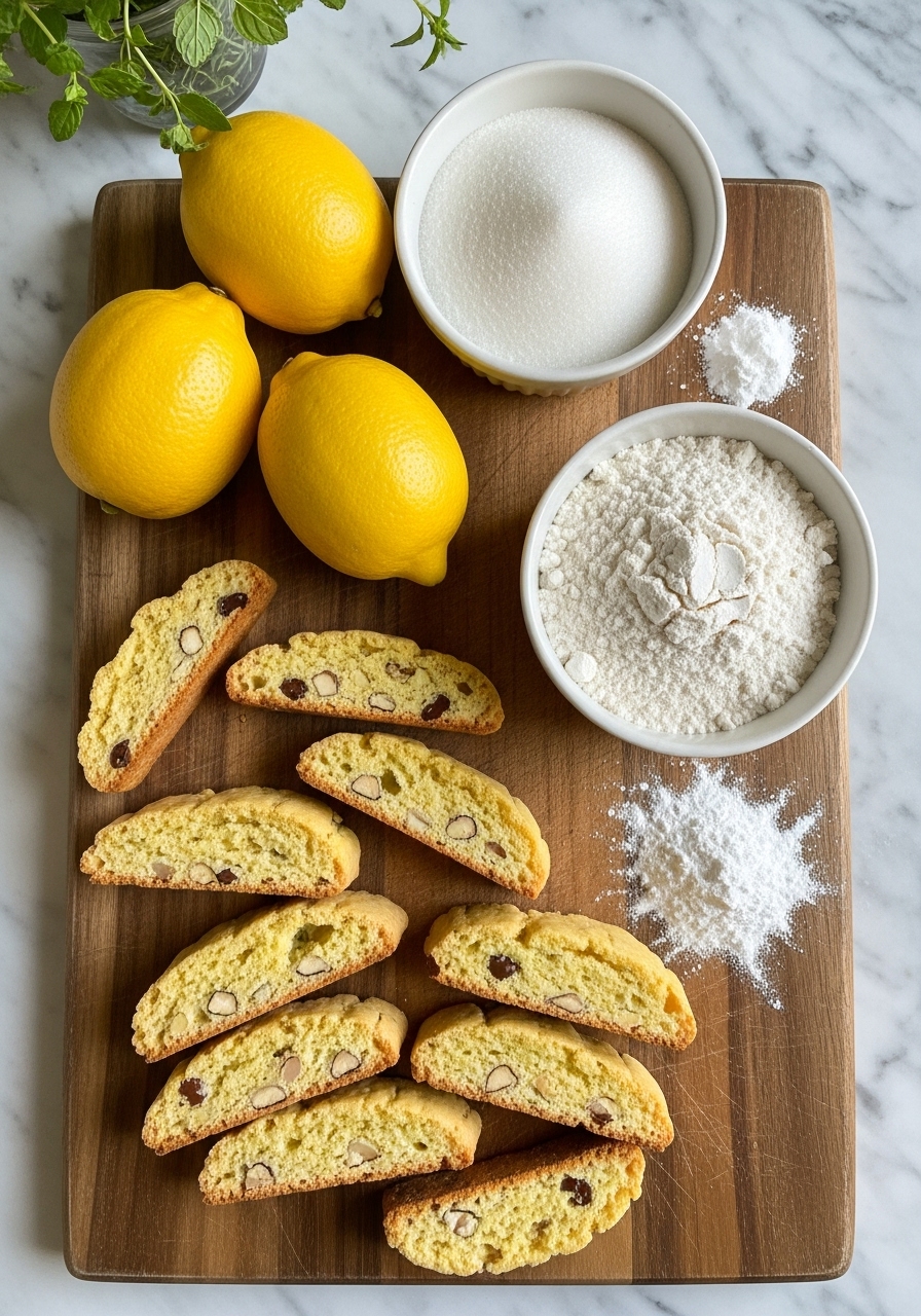 A flat lay of key ingredients for lemon biscotti: vibrant yellow lemons, a small bowl of granulated sugar, all-purpose flour, and baking powder, arranged artfully on the same wooden cutting board on marble countertops. Natural morning light casts soft shadows, and a sprig of fresh mint or thyme is subtly visible in the background, maintaining a clean and tidy, warm-toned aesthetic. NO HANDS.