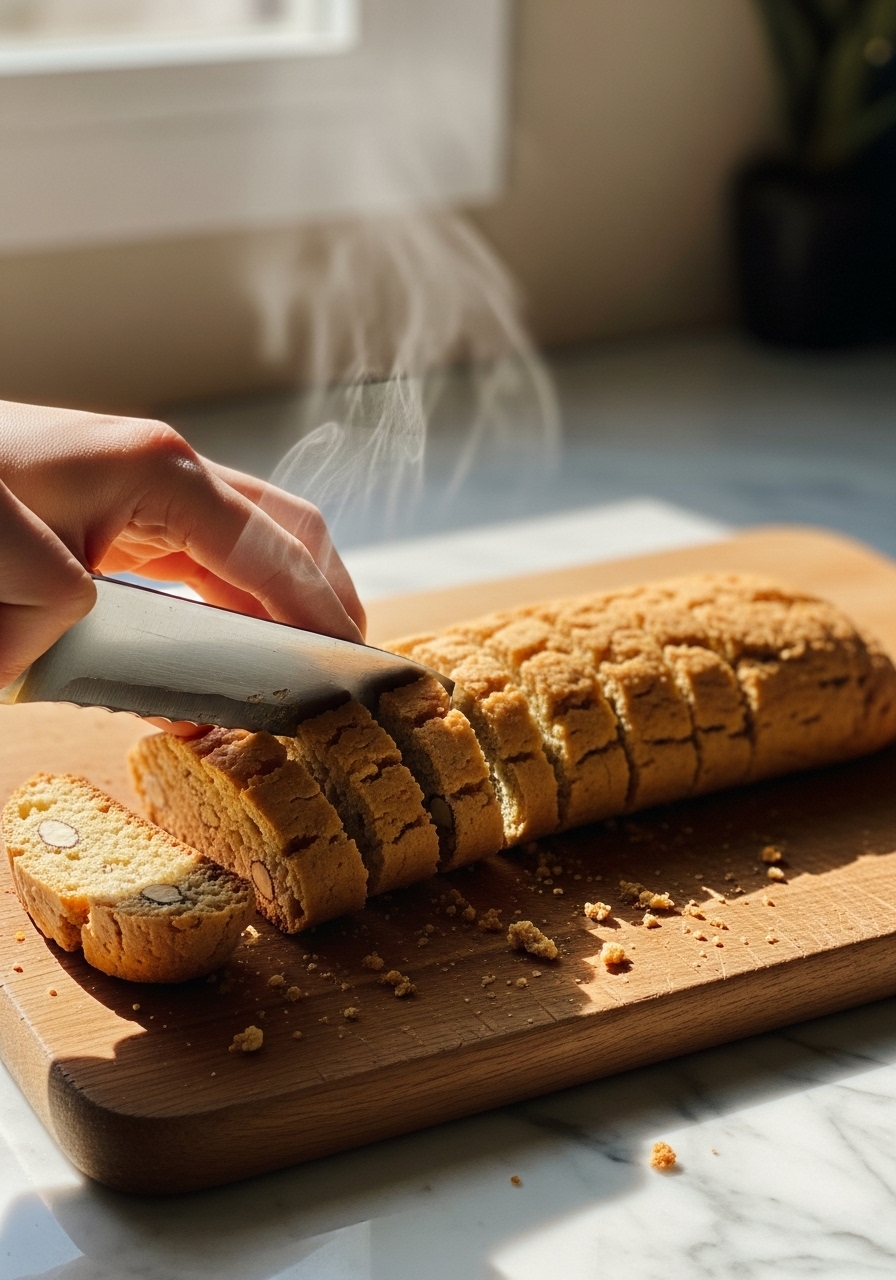 A close-up action shot of golden-brown, baked biscotti logs being carefully sliced into individual pieces using a sharp knife on the same wooden cutting board, with visible steam gently rising. The scene is bathed in natural morning light on marble countertops, creating soft shadows and warm tones. A few stray crumbs add to the authentic, homemade feel. NO HANDS.