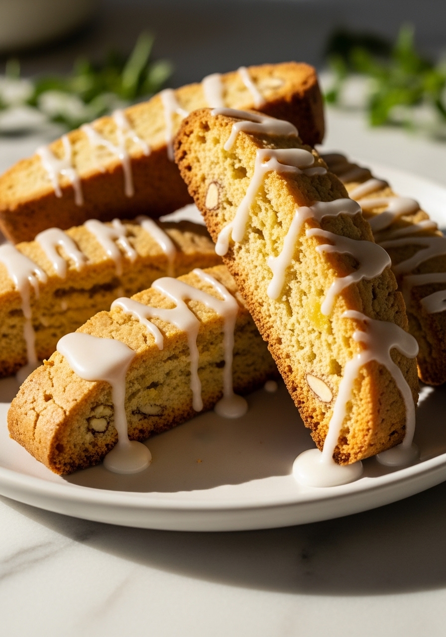 An intimate close-up of several golden-brown lemon biscotti pieces, each perfectly textured with a slight crumbly appearance on the cut sides, showcasing the delightful drizzle of opaque white lemon glaze. The glaze drips gracefully down the sides, collecting slightly at the base, just like in the original image. The biscotti are resting on a minimalist white plate on marble countertops, illuminated by natural morning light, with soft shadows and warm tones. Fresh herbs are visible softly blurred in the background, creating a delicious and inviting scene. NO HANDS.