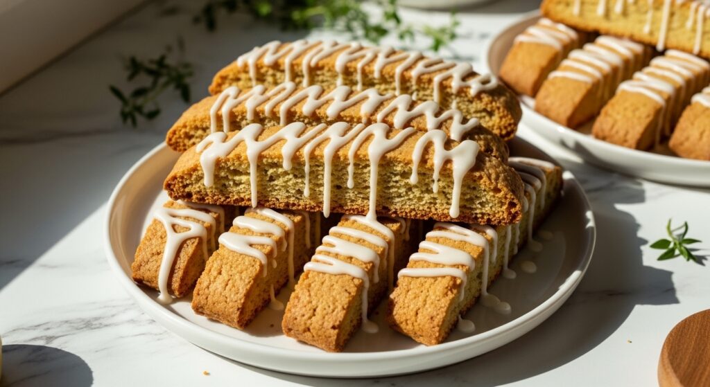 A beautifully arranged shot of golden-brown lemon biscotti, long and narrow, each piece generously drizzled with a smooth, opaque white lemon glaze with charming, slightly uneven drips. The biscotti are presented on a minimalist white plate set on marble countertops with subtle wood accents, bathed in natural morning light from an east window. Soft shadows enhance the warm tones, creating a clean and tidy, yet inviting, presentation. Fresh herbs are subtly visible in the background, adding a touch of lived-in authenticity. The glaze has settled a bit around the base of some biscotti, just as seen in the original image, hinting at a delicious, sweet finish. NO HANDS.