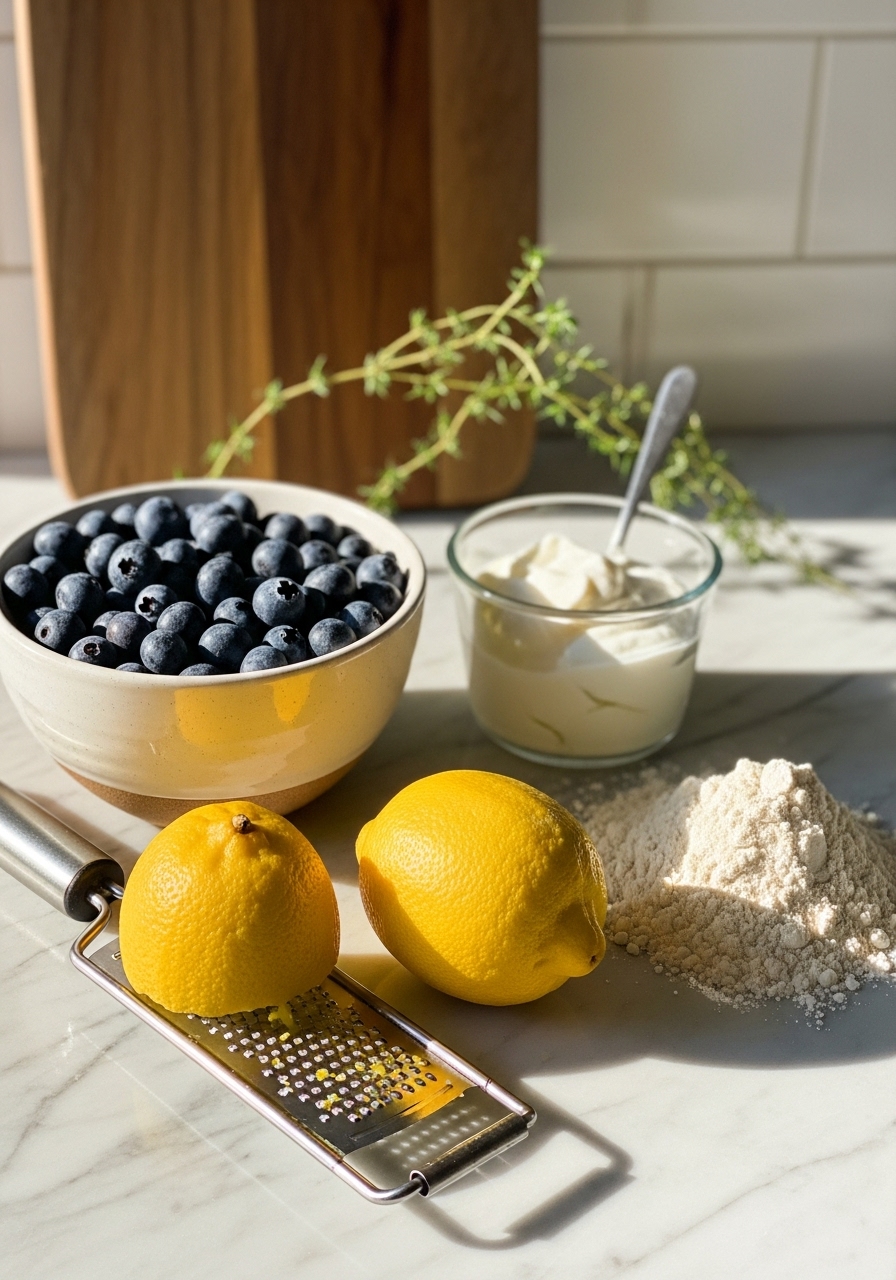 An artfully arranged 3:4 shot of key ingredients for lemon blueberry pancake bites on a marble countertop. This includes a ceramic bowl of fresh, vibrant blueberries, a bright yellow lemon with a zester, a cup of creamy Greek yogurt, and a small pile of flour, all basking in soft natural morning light with warm tones. The wooden cutting board is visible in the background, along with a sprig of fresh thyme.