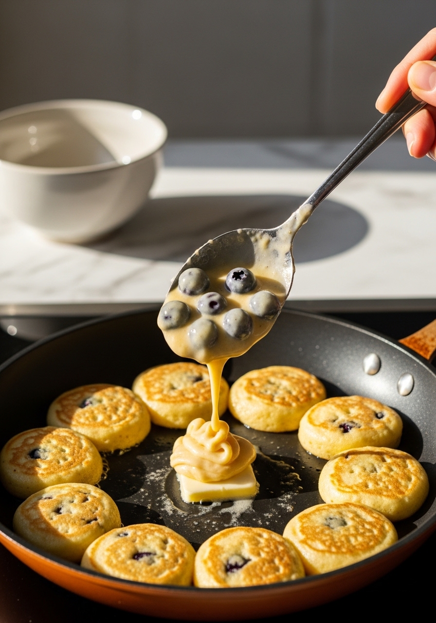 An action shot, 3:4 aspect ratio, showing a spoonful of golden-yellow Greek Yogurt Lemon Blueberry Pancake Bites batter with visible blueberries being gently dropped onto a hot, buttered skillet. The focus is on the creation of the round pancake bites, with the warm glow of the cooking surface. The marble countertop is visible, illuminated by natural morning light, creating soft shadows and warm tones, with a minimalist ceramic bowl in the background.