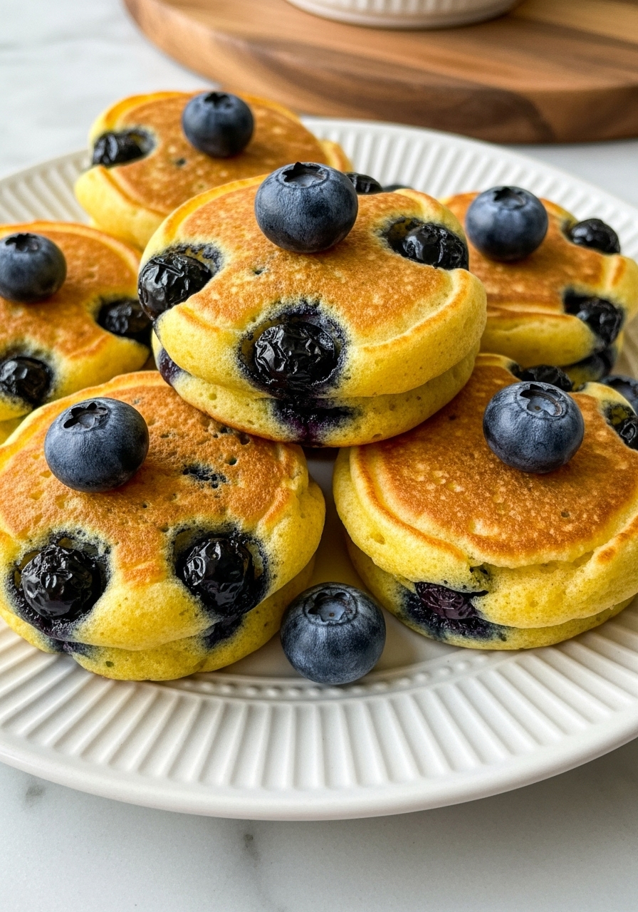 A close-up 3:4 detail shot of several golden-yellow Greek Yogurt Lemon Blueberry Pancake Bites, stacked and scattered on a minimalist white ridged plate. The texture of the fluffy pancake bites is prominent, showcasing the burst blueberries and the whole blueberries on top like charming little eyes. The image is bathed in natural morning light, with a hint of a wooden accent in the background on a marble countertop, conveying warmth and homemade goodness.