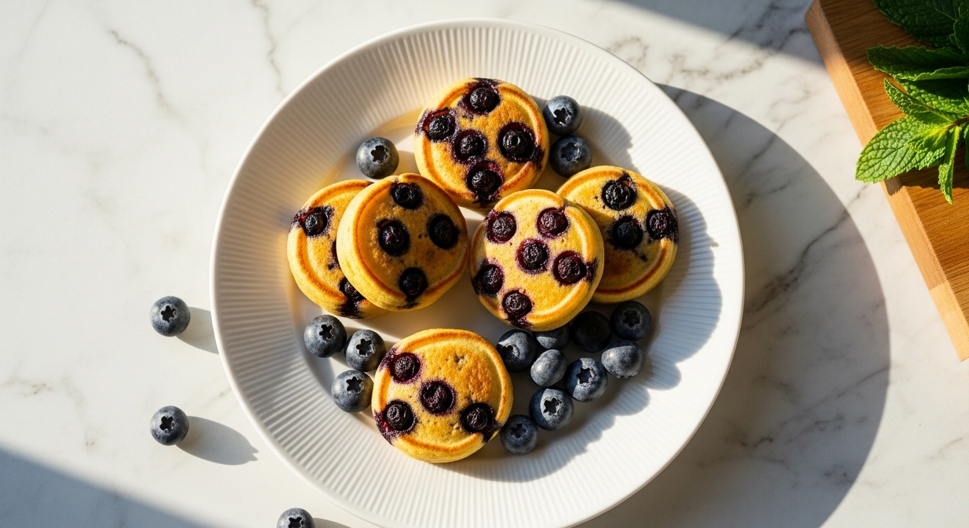 A beautifully composed 16:9 overhead shot of warm, golden-yellow Greek Yogurt Lemon Blueberry Pancake Bites arranged casually on a minimalist white ridged plate. The small, round pancake bites have visible mashed and whole blueberries. Fresh, scattered whole blueberries adorn the plate. The scene is set on a marble countertop with soft natural morning light streaming from an east window, casting warm tones and gentle shadows. A corner of a wooden cutting board is subtly visible in the background, along with a sprig of fresh mint.