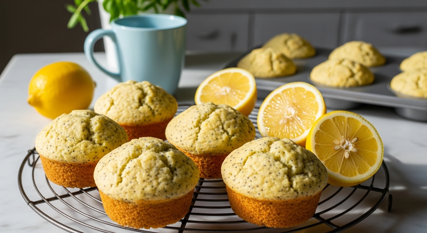 A beautifully composed 16:9 shot of several golden, domed lemon poppy seed muffins cooling on a dark wire rack. Fresh lemon halves are artfully placed around them. In the background, on white marble countertops, a light blue ceramic mug and a grey muffin tin with more muffins are visible. Natural morning light casts soft shadows. Fresh green herbs are subtly visible in the out-of-focus background, enhancing the fresh, lived-in kitchen feel.