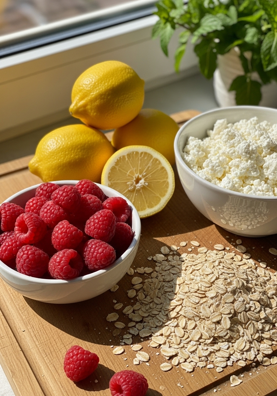 A visually appealing arrangement of key ingredients: fresh lemons, bright red raspberries, a bowl of cottage cheese, and a pile of rolled oats. These are artfully displayed on the same wooden cutting board, bathed in natural morning light from an east window. Soft shadows are present, and a sprig of fresh mint is subtly visible in the background. No hands.