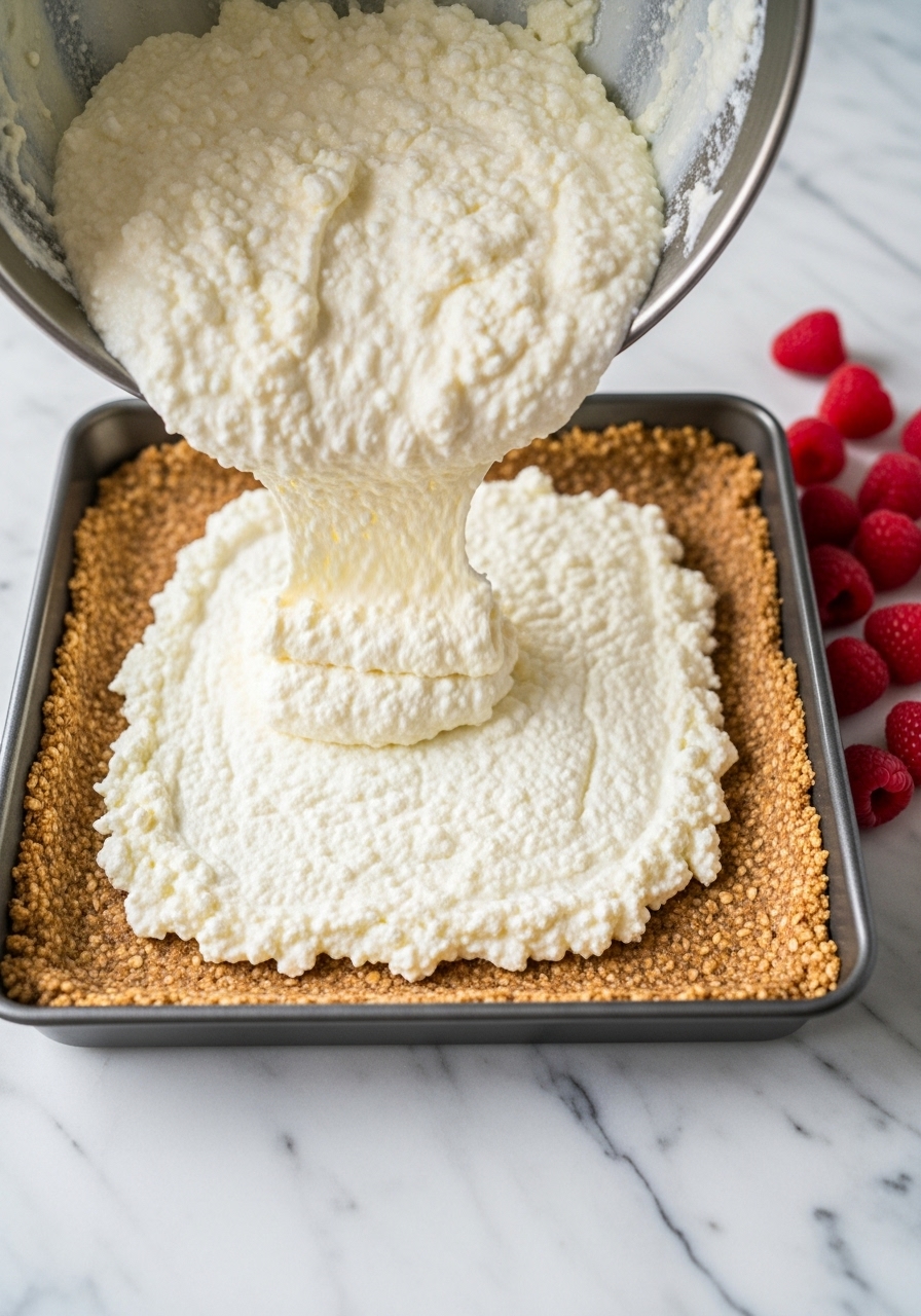 An action shot capturing the creamy cottage cheese filling being poured into the partially baked oat crust in a square baking pan. The marble countertops are visible, along with the consistent natural morning light and soft shadows. A few fresh raspberries are scattered on the side, ready to be folded in. No hands.