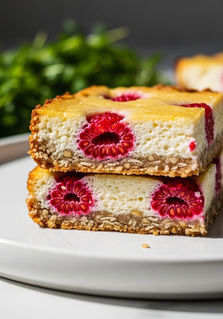 Lemon Raspberry Cottage Cheese Bars A super close-up detail shot of a single Lemon Raspberry Cottage Cheese Bar, focusing on the texture of the creamy filling, the individual raspberries peeking through, and the crisp, golden-brown oat crust. The bar is resting on a minimalist white plate. Soft shadows highlight the layers, and fresh herbs are blurred in the background, all captured with warm tones. No hands.