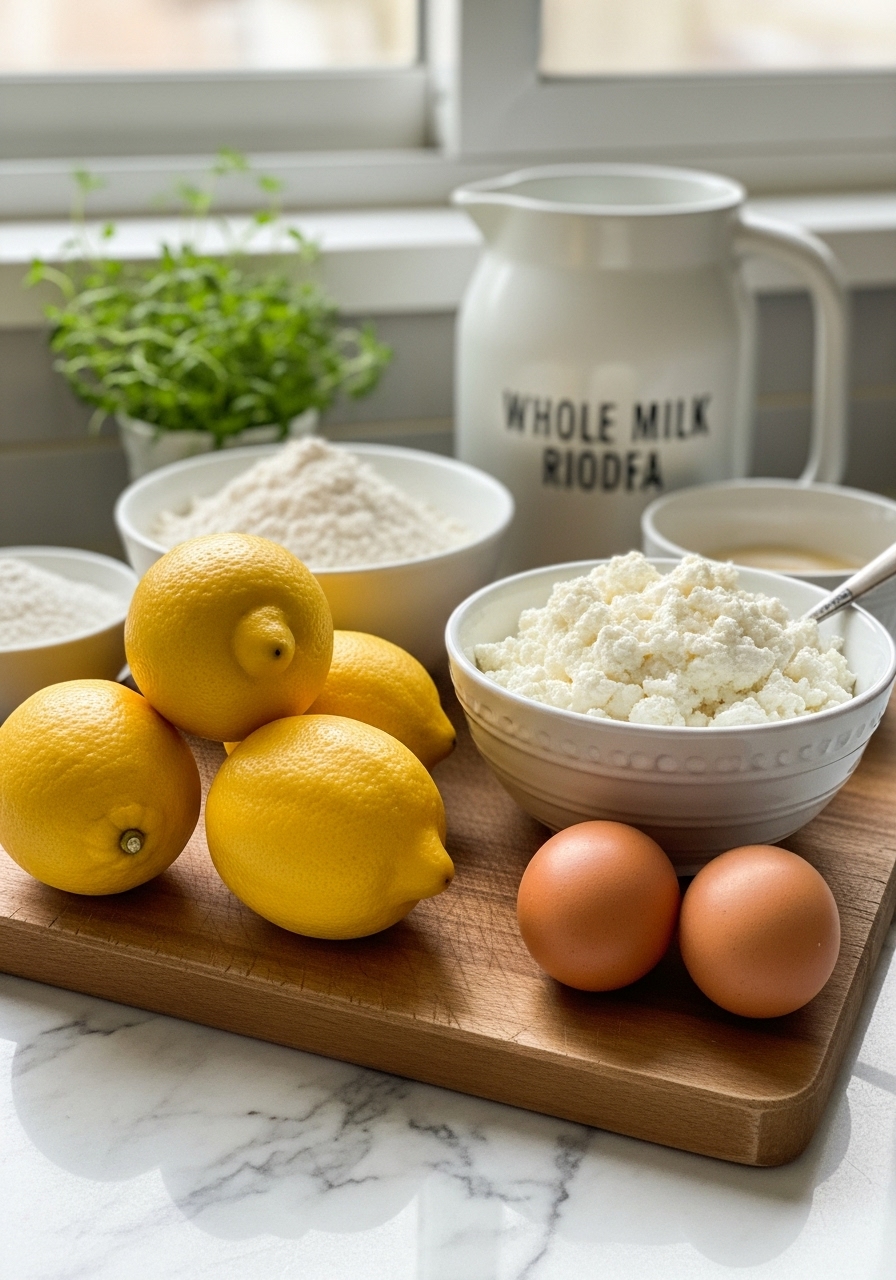 A vibrant display of fresh ingredients for Lemon Ricotta Loaf Cake: bright yellow lemons, a bowl of creamy whole milk ricotta, flour, and eggs. These are artfully arranged on the same wooden cutting board on marble countertops, bathed in natural morning light from the east window, with fresh herbs subtly in the background. No hands.