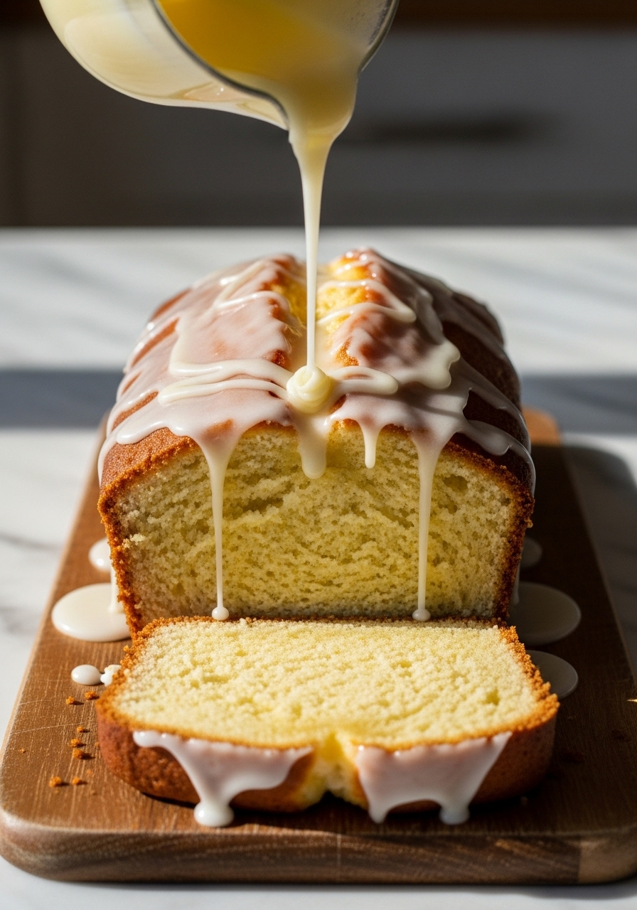 A deliciously appealing, close-up action shot of a zesty lemon glaze being drizzled over the cooling Lemon Ricotta Loaf Cake, emphasizing the glossy texture of the glaze and the golden crust of the cake. The loaf cake rests on the wooden cutting board, on marble countertops, illuminated by natural morning light, with soft shadows. No hands.