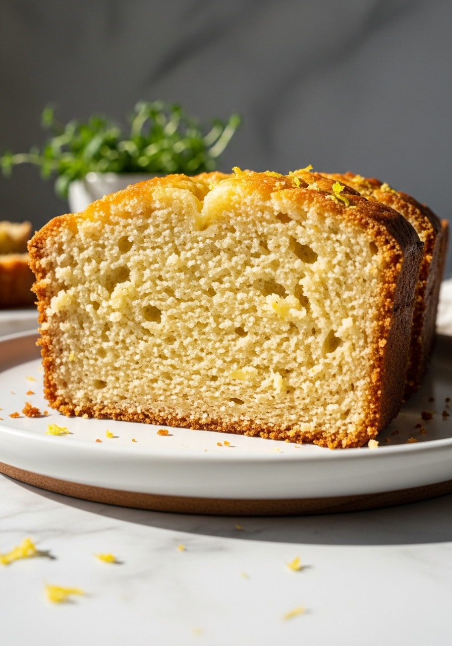 A close-up, mouth-watering detail shot of a thick slice of Lemon Ricotta Loaf Cake, revealing its moist, tender, and subtly speckled crumb with visible lemon zest. The slice rests on a minimalist white plate, with a subtle wood accent and marble countertops in the soft natural morning light, fresh herbs visible in the soft-focused background. No hands.