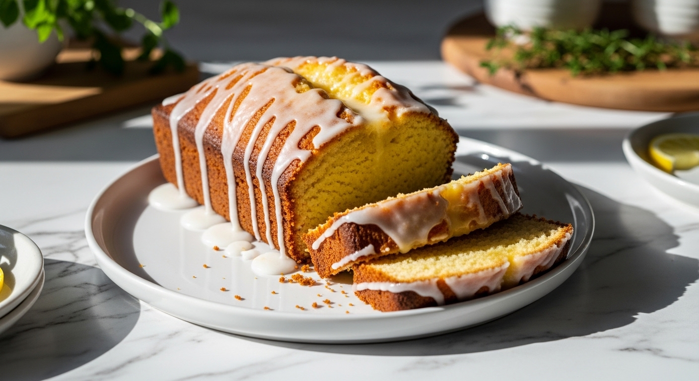 A beautifully plated, golden brown, deliciously appealing Lemon Ricotta Loaf Cake, perfectly sliced, with a generous drizzle of lemon glaze. The cake sits on a minimalist white plate on marble countertops, with subtle wood accents and natural morning light casting soft shadows. Fresh herbs are visible in the background, making the scene feel warm and inviting. No hands.