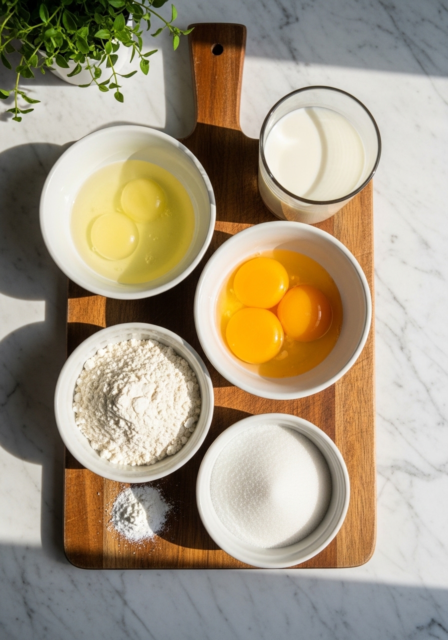 An overhead shot showcasing the key ingredients for light and fluffy soufflé pancakes: separate bowls of egg whites and yolks, a small bowl of flour, sugar, baking powder, and a glass of milk, all neatly arranged on a wooden cutting board set on marble countertops. Natural morning light illuminates the scene, with soft shadows and a sprig of fresh herbs in the background. The ingredients are pristine and ready for a delicious kitchen adventure.