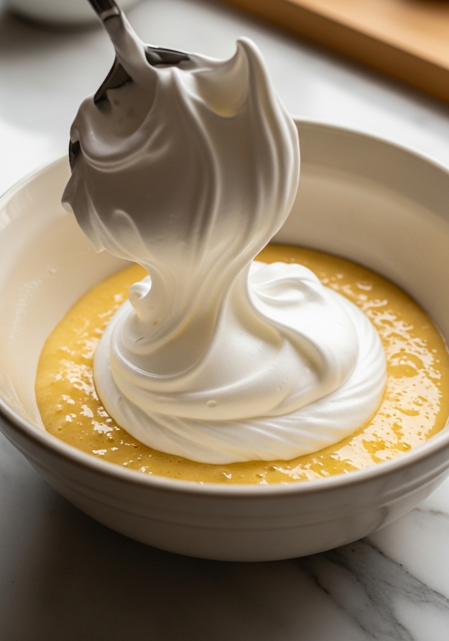 A close-up action shot showing the process of gently folding the stiff, glossy egg white meringue into the golden pancake batter in a ceramic bowl. The delicate, airy texture of the meringue is visible as it’s being incorporated. The bowl is on marble countertops, bathed in natural morning light, with warm tones and a hint of wood accent in the background. The scene is clean and focuses on the crucial technique without showing hands.
