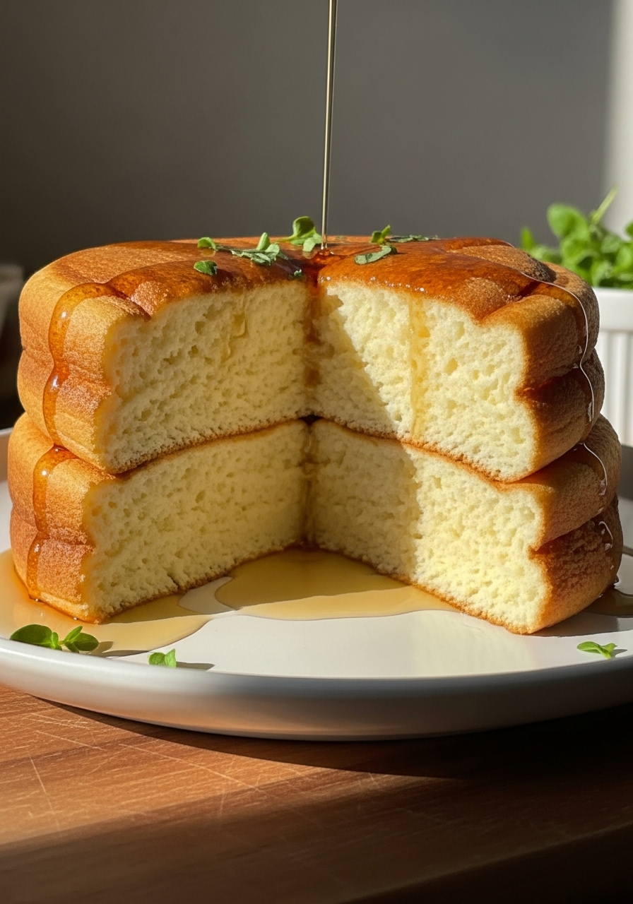 A detailed, side-view close-up shot of the interior of a perfectly cooked, golden-brown light and fluffy soufflé pancake, cut open to reveal its incredibly airy and tender crumb. A fresh drizzle of maple syrup lightly coats the exposed texture. The pancake sits on a minimalist white plate on a wooden cutting board, under natural morning light, with soft shadows and a few fresh herbs subtly visible in the background. Emphasizes the delicious fluffy texture.