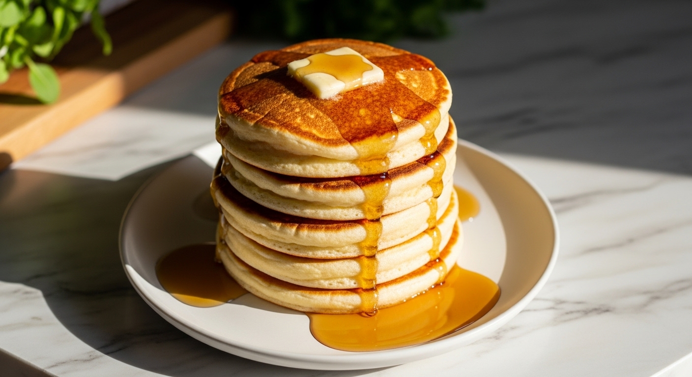 A delicious, high-angle shot of a stack of five incredibly light and fluffy soufflé pancakes, golden brown, drenched in glistening amber maple syrup, with a small pat of melting butter on top, served on a minimalist white plate. The scene is set on marble countertops with subtle wood accents, bathed in natural morning light creating soft shadows. Fresh green herbs are artfully blurred in the background, and the overall presentation is clean, tidy, and exudes warm tones. The pancakes showcase their airy texture and perfect browning.