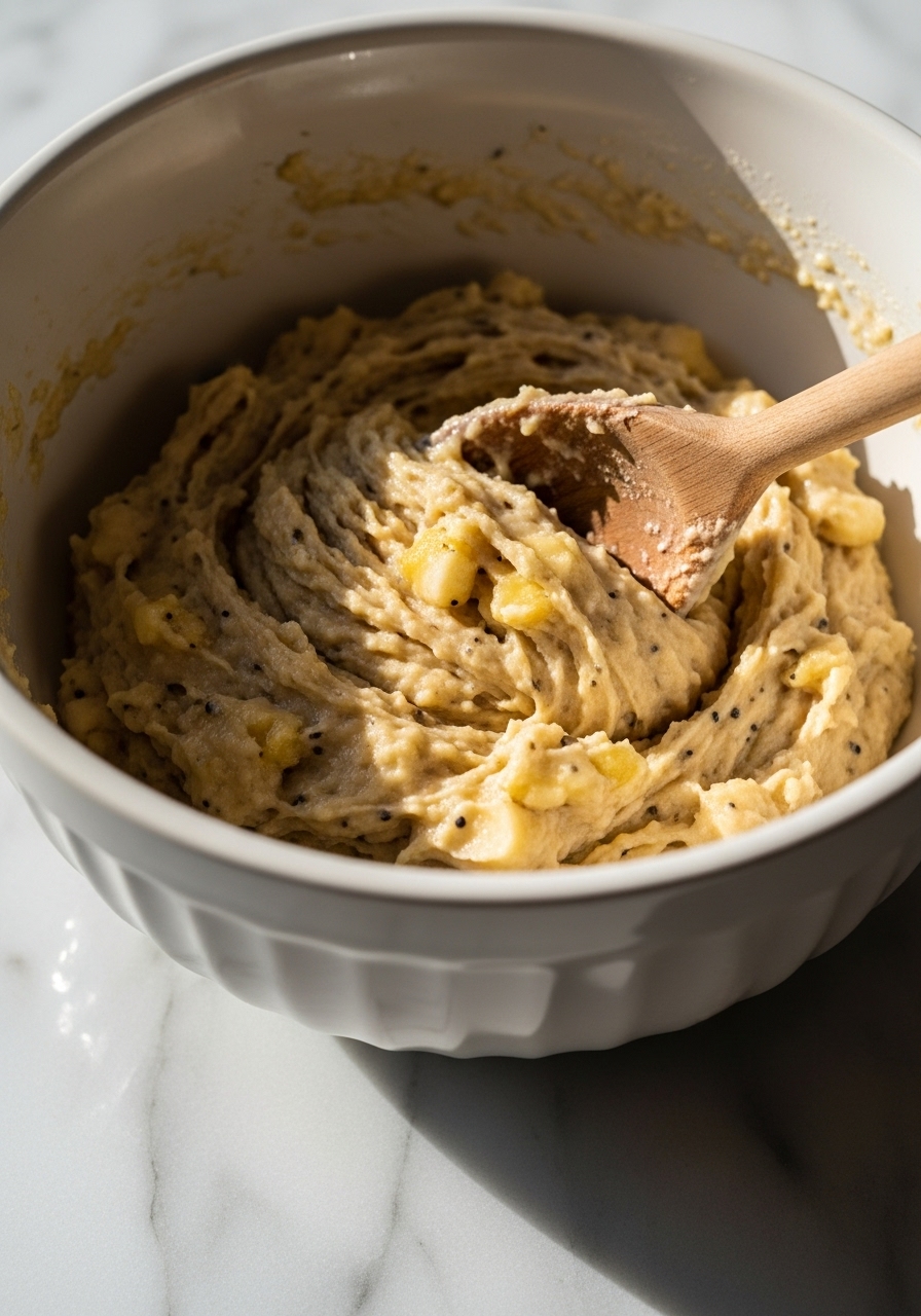 A close-up action shot of a ceramic bowl of mini banana muffin batter being gently folded with a wooden spoon on a marble countertop. The rustic, lumpy batter has visible mashed banana chunks and dark specs. Natural morning light creates soft shadows, emphasizing the homemade quality and the process of creating these delicious treats. No hands are visible.