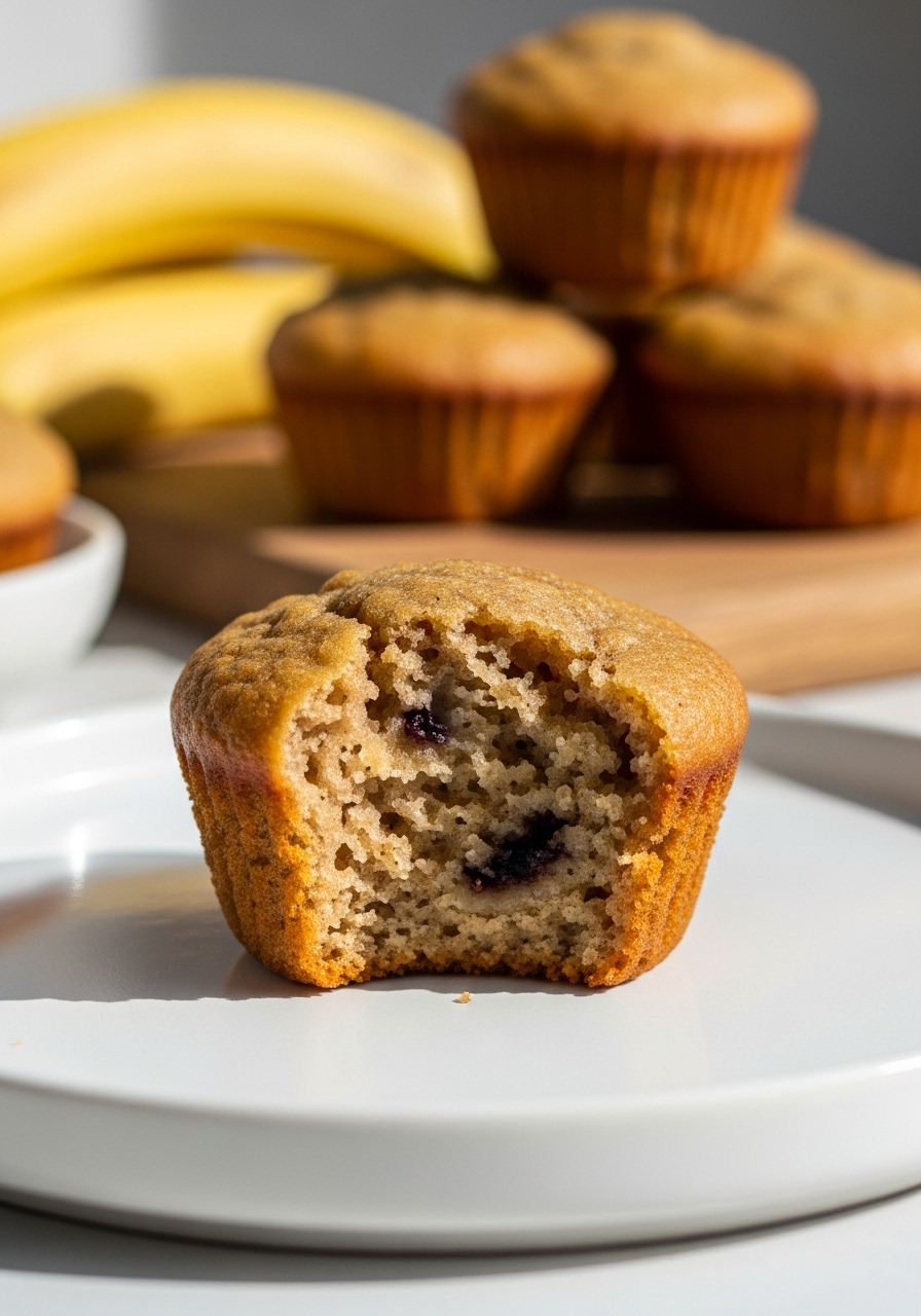 A detailed close-up of a single, perfectly golden brown mini banana muffin resting on a minimalist white plate, its delicate crumb and moist interior (with dark flecks) clearly visible where it's been gently torn. The background features a blurred stack of other muffins, ripe bananas, and hints of a wooden cutting board, all under warm natural morning light. The image exudes a delicious, appealing texture and a cozy kitchen feel. No hands are visible.