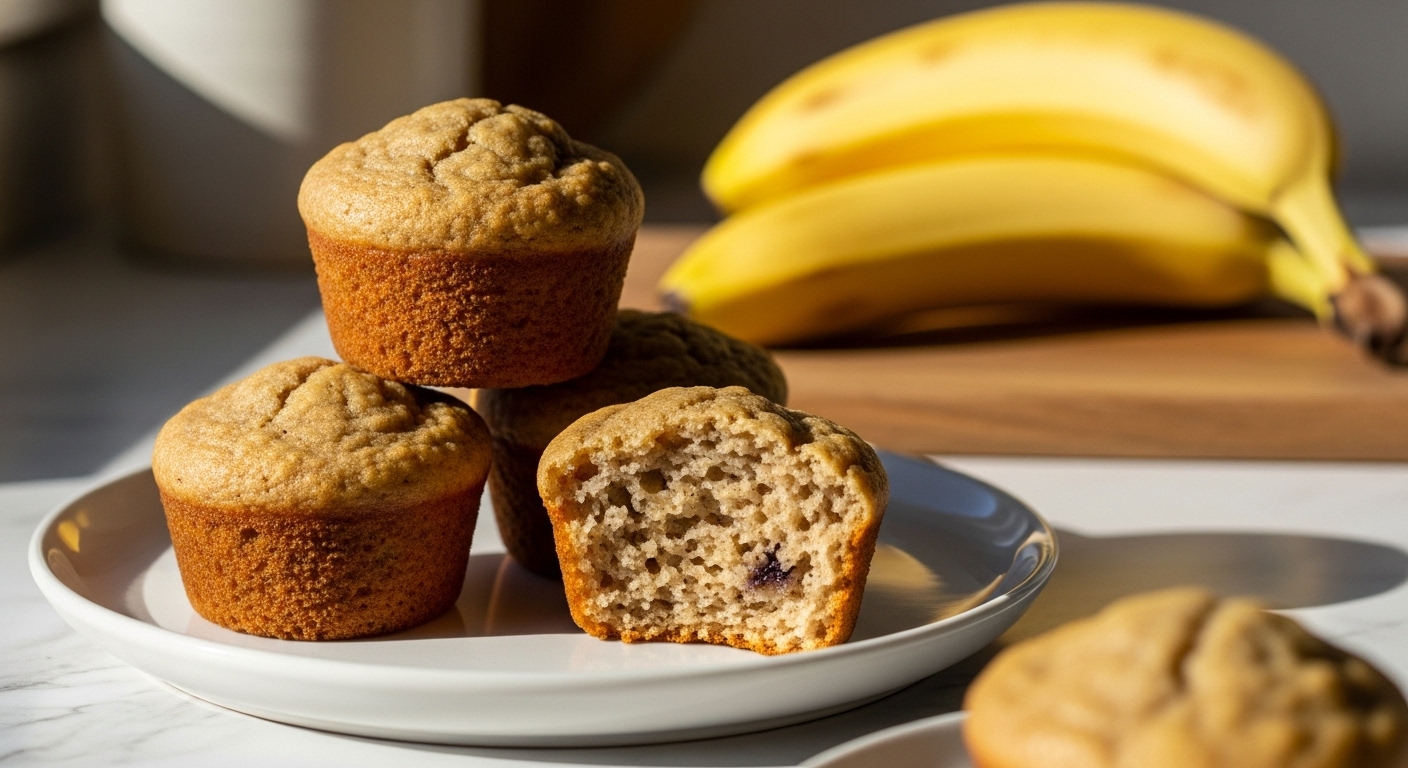 A beautifully composed scene of several golden brown mini banana muffins stacked on a minimalist white plate, with one muffin broken open revealing its moist, textured interior with dark banana flecks. A couple of ripe yellow bananas are artfully blurred in the background, all bathed in natural morning light from an east window. The setting includes subtle marble countertops and a glimpse of the wooden cutting board, with soft shadows and warm tones creating an inviting, delicious appeal. No hands are visible.
