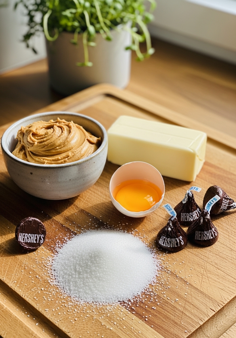 A 3:4 composition of key ingredients for Peanut Butter Blossoms, beautifully arranged on the same wooden cutting board. Creamy peanut butter in a small ceramic bowl, a stick of softened butter, a cracked egg in its shell, a pile of granulated sugar, and a few unwrapped Hershey's Kisses are artfully scattered. Natural morning light creates gentle highlights and soft shadows. Fresh herbs are visible in a small pot in the background, adding a touch of vibrant green to the warm-toned scene, clean and tidy. No hands are visible.