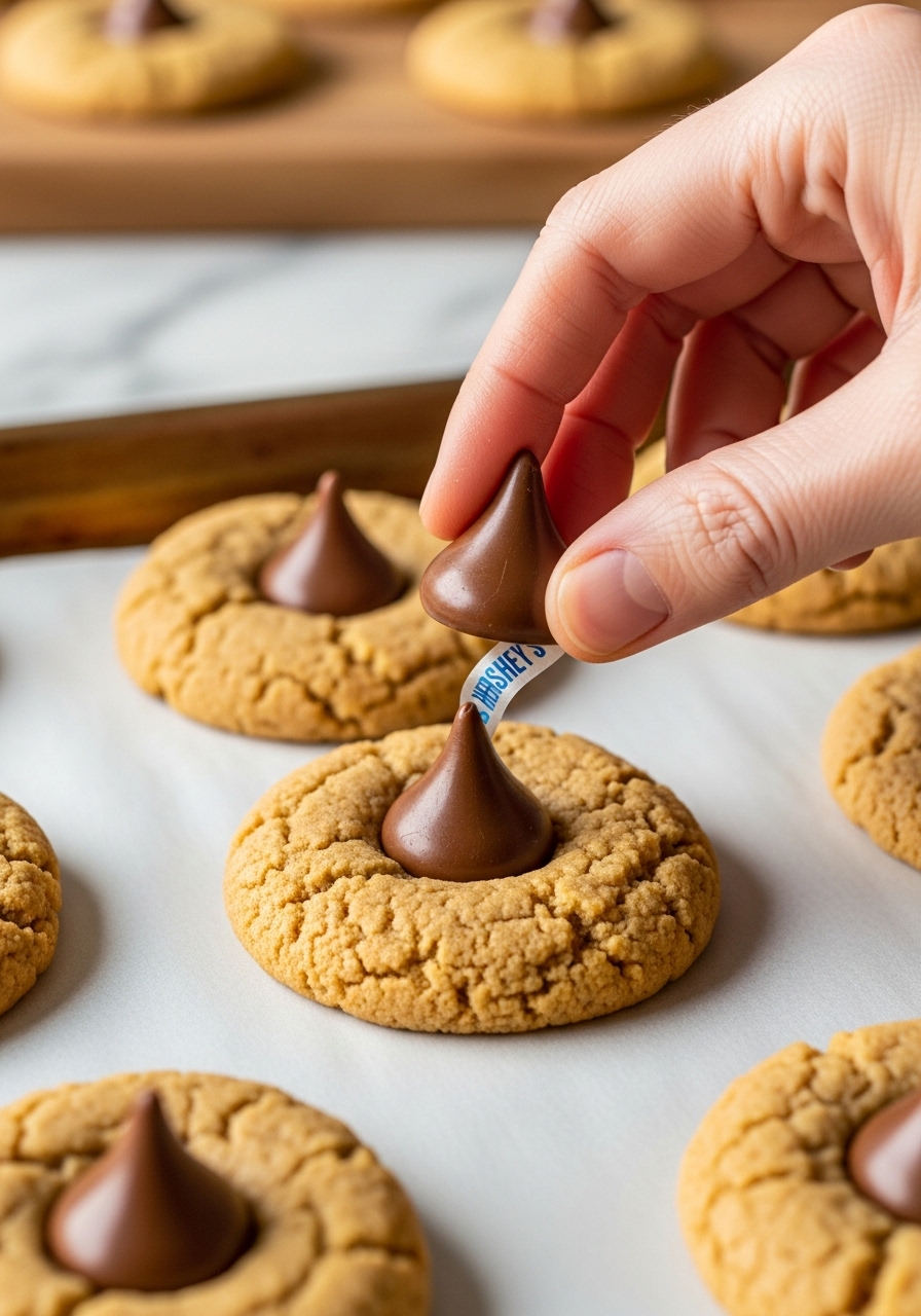 A 3:4 action shot of a warm, golden-brown Peanut Butter Blossom on a parchment-lined baking sheet, with a milk chocolate Hershey's Kiss being gently pressed into its center, creating a small well. The cookie is still on the baking sheet, fresh from the oven, surrounded by a few other similar unkissed cookies. The scene is illuminated by natural morning light on a marble countertop, with the wooden cutting board visible in the soft background. The focus is on the crucial, satisfying moment of adding the chocolate, conveying a sense of homemade goodness. No hands are visible.