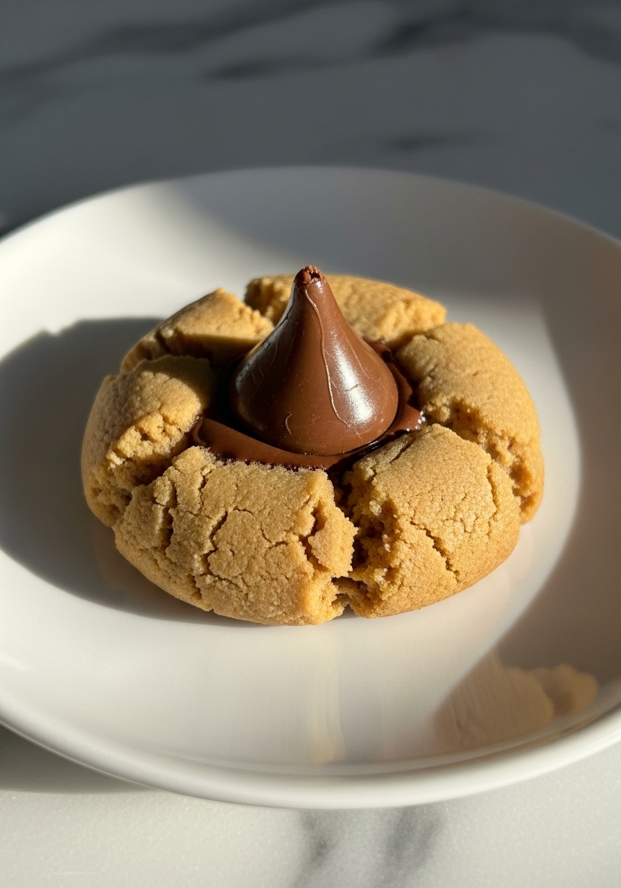 A delicious and inviting 3:4 close-up detail shot of a single Peanut Butter Blossom, showcasing its perfectly crinkled, golden-brown edge and the slightly melted, shiny milk chocolate Hershey's Kiss nestled in its soft center. The cookie sits on a minimalist white plate on a marble countertop, catching the warm natural morning light. Soft shadows enhance its texture, making it look incredibly appealing and ready to be enjoyed. No hands are visible.